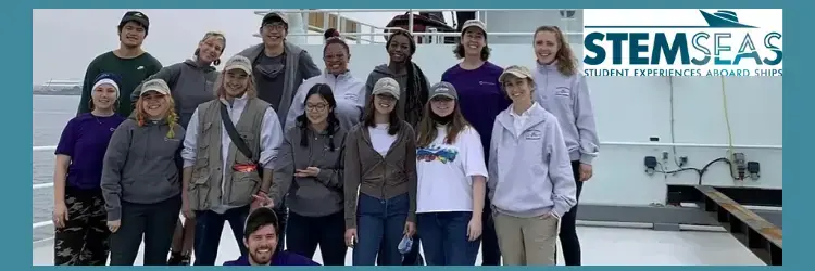 Photo of StemSEAS Participants on a ship with logo in upper right corner