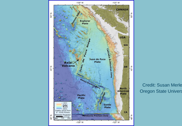 Relief map of Axial Seamount on a turquoise back ground.