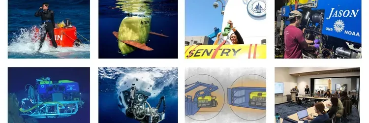 Collage of photos with people working and deep submergence vehicles.