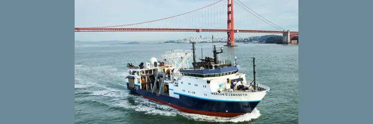 Picture of the R/V Marcus Langseth crossing under the Golden Gate Bridge