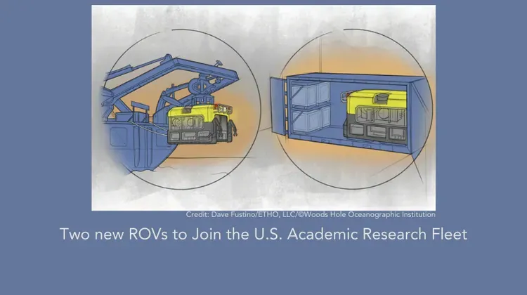ROV being deployed from the aft end of a ship and a ROV in a storage in a shipping container. 