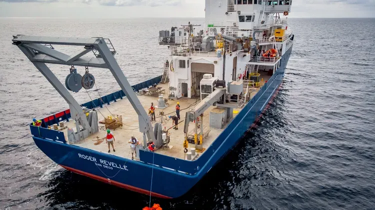 R/V ROGER REVELLE at sea. View of aft of the ship with the a-frame out