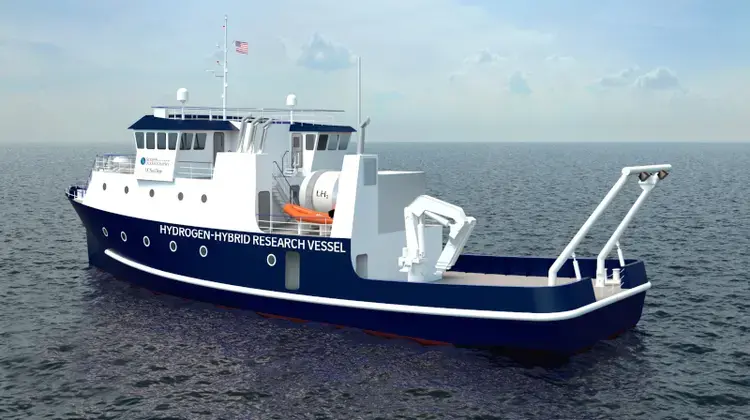 Rendering of a blue and white research vessel at sea. It says "Hydrogen-Hybrid Research Vessel" along the side.