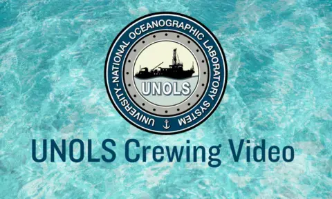 UNOLS Logo on an aqua watery background with the words UNOLS Crewing Video