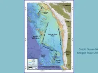 Relief map of Axial Seamount on a turquoise back ground.